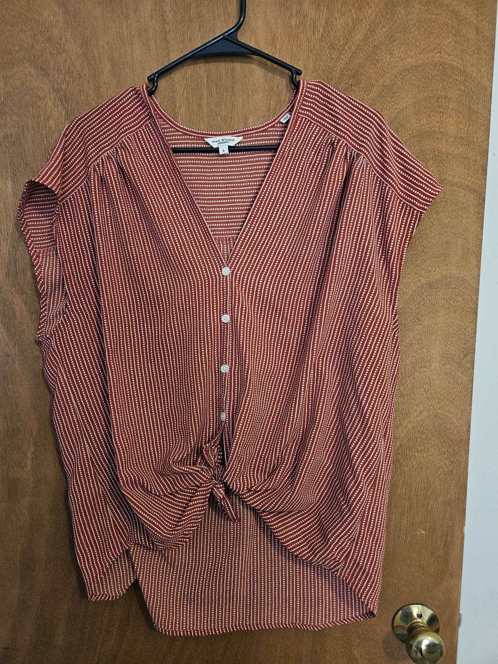 Max Studio Rust Striped Button-Front Tie Blouse